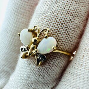 Whimsical 10K Yellow Gold Opal & Diamond Butterfly Ring